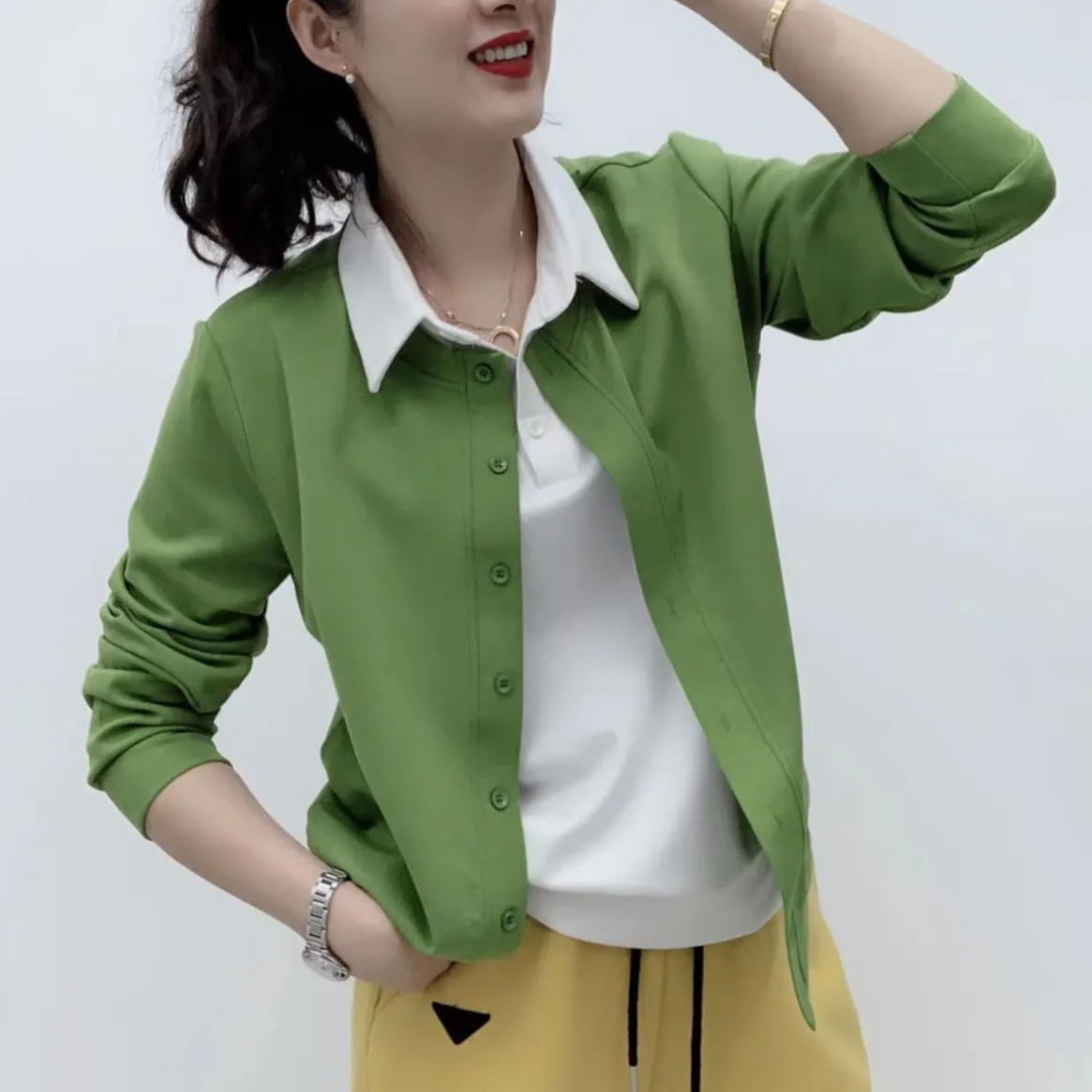 假两件开衫卫衣女2025春季新款韩版时尚撞色POLO领洋气百搭上衣潮