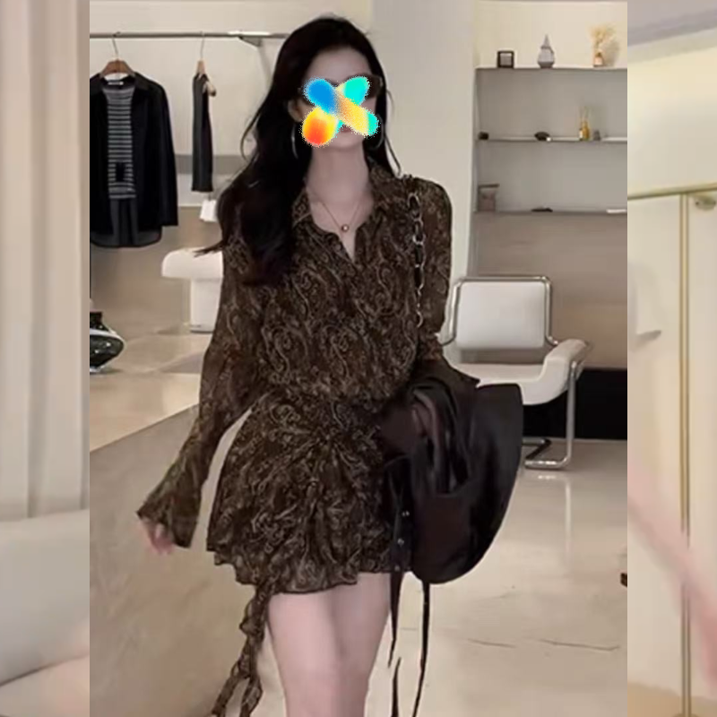 法式气质复古通勤修身连衣裙女装2025秋冬新款高级印花御姐短裙子