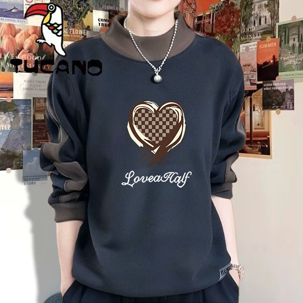 啄木鸟双面德绒拼接设计感T恤女秋冬新款宽松显瘦半高领保暖上衣