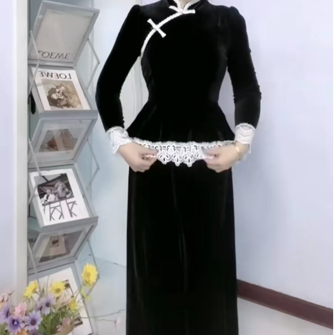 2025新中式盘扣简约蕾丝花边拼接显瘦气质上衣半身裙套装7230