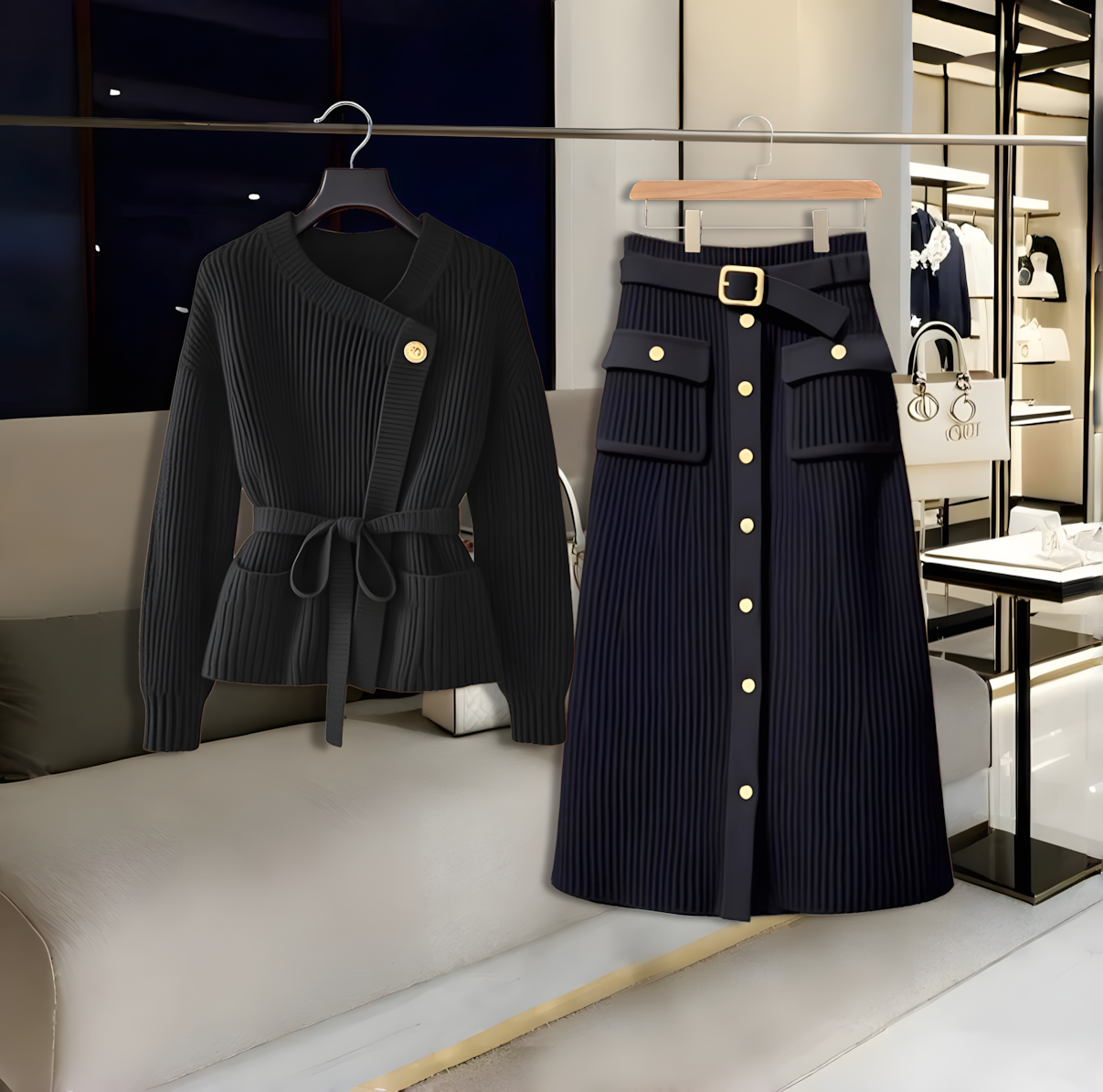 套装女秋季2025新款高端软糯慵懒风针织毛衣外套黑色a字半身裙子