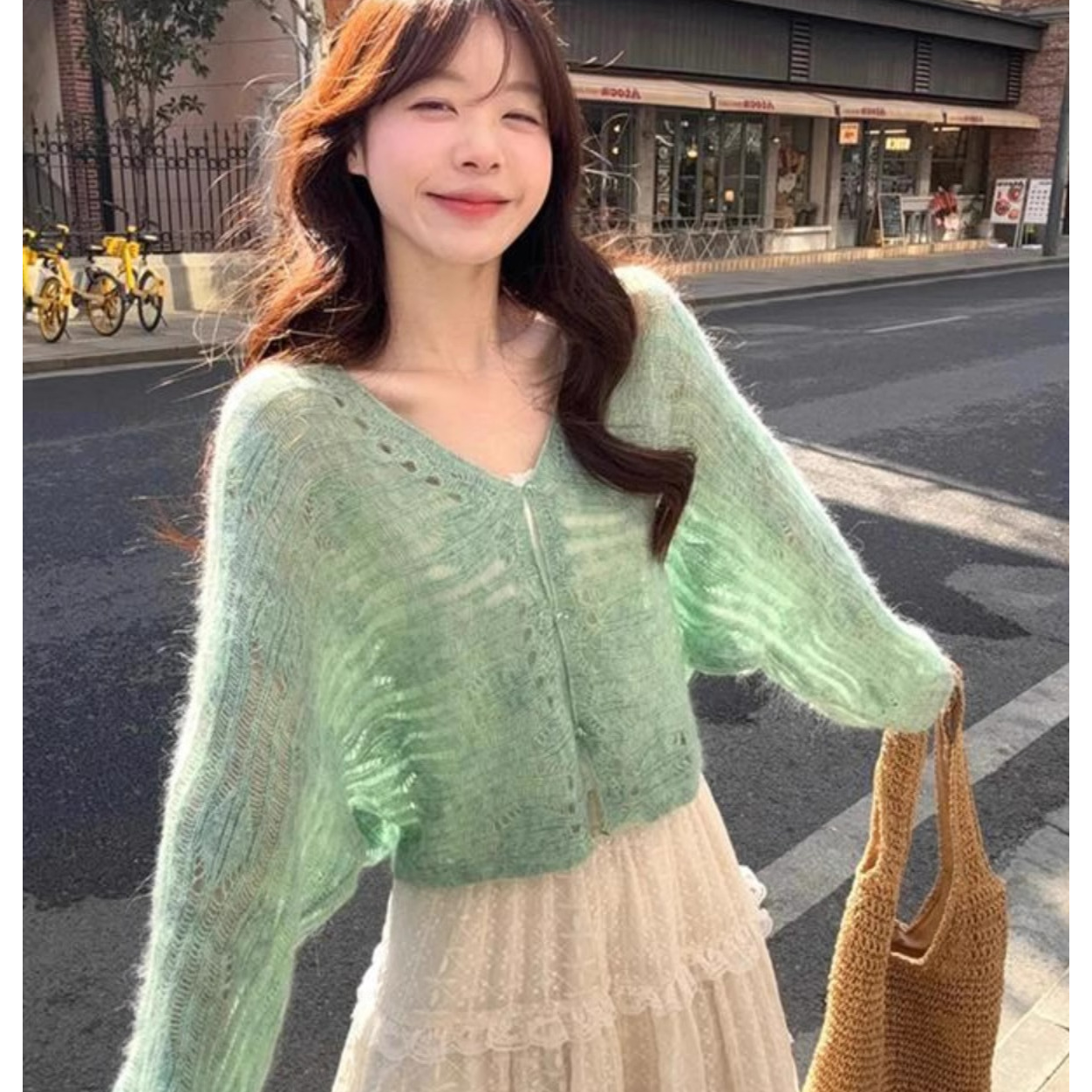 薄荷曼波绿色蕾丝镂空针织开衫女春夏外搭马海毛毛衣罩衫披肩外套