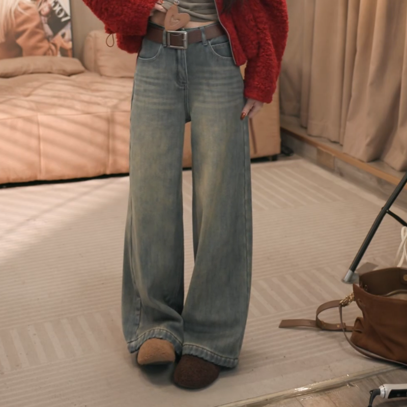 韩系加绒加厚高腰牛仔宽松显瘦牛仔阔腿裤LK2508966