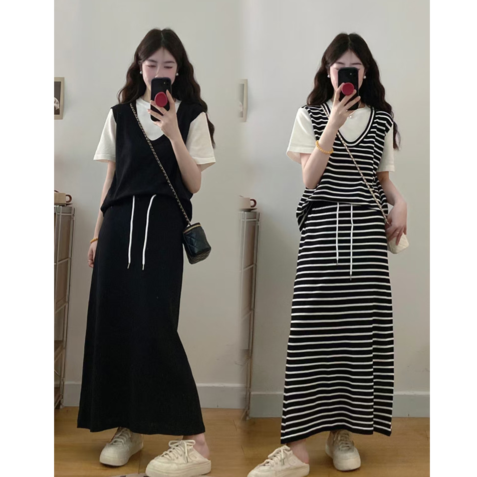 大码女装假两件拼接裙套装胖MM时尚减龄T恤上衣半身裙两件套