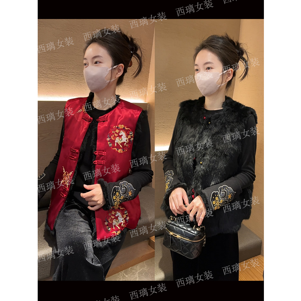 兔毛【鸿禧】双面穿毛毛马甲秋冬季加绒加厚新中式女士中国风马夹