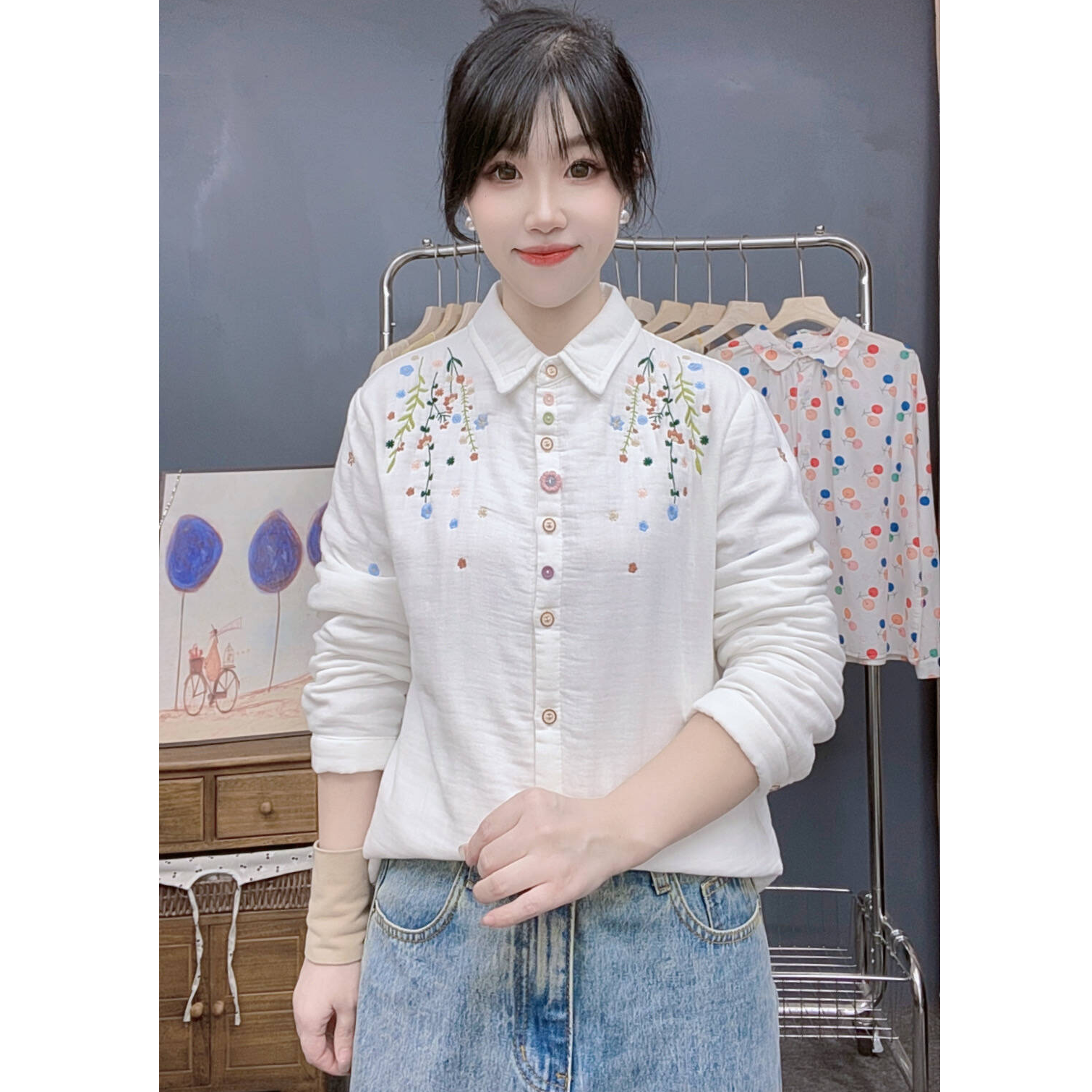 秋冬新款 文艺清新刺绣小花内里绗棉宽松显瘦百搭棉衣棉服上衣