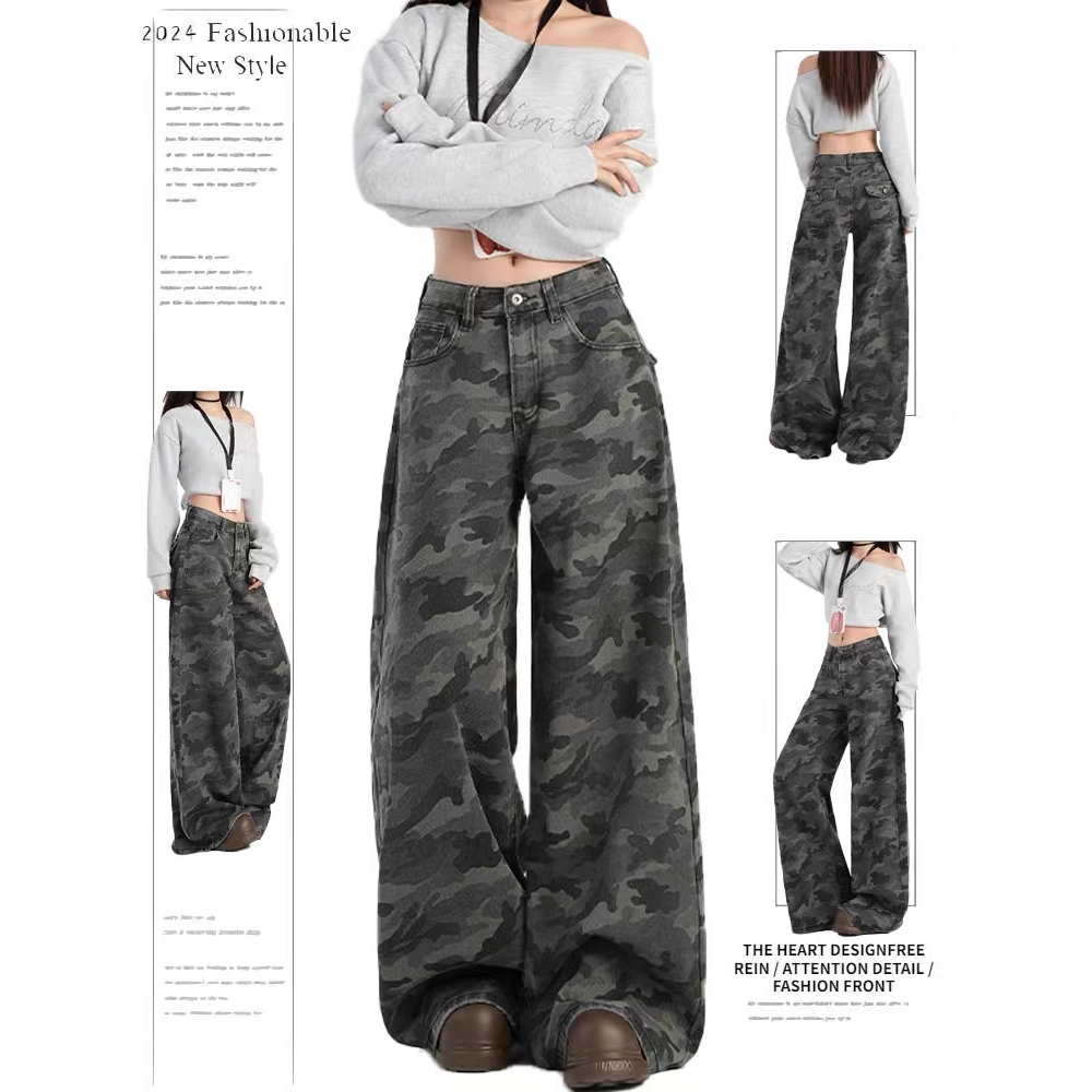 美式复古高街迷彩工装牛仔裤女2025秋冬新款高腰宽松显瘦阔腿裤子