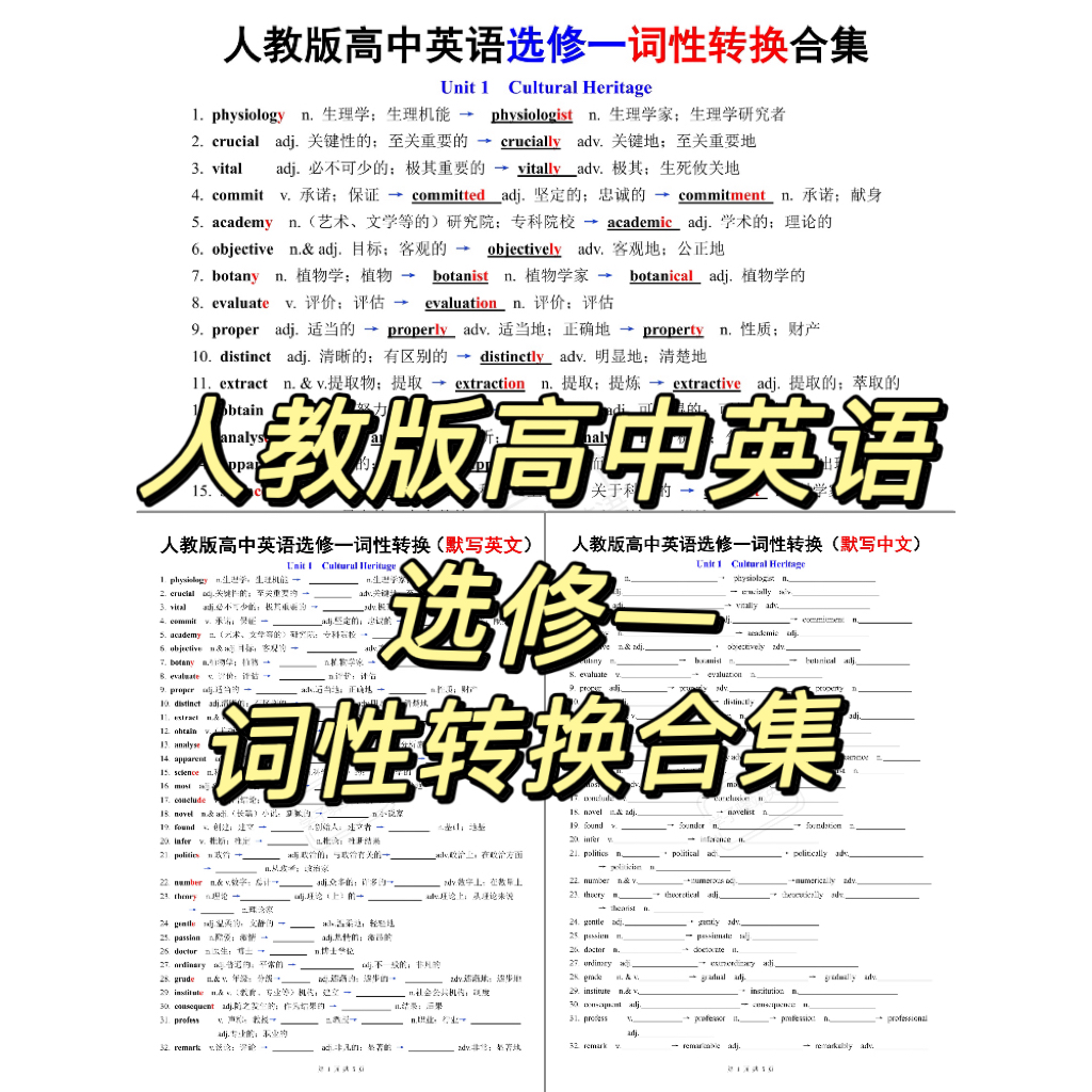 G648-人教版高中英语（选修一）词性转换合集背诵 默写 PDF电子版