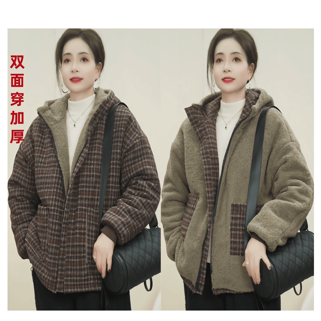 新款冬季休闲百搭双面穿加厚棉衣连帽时尚宽松保暖防风棉服女328
