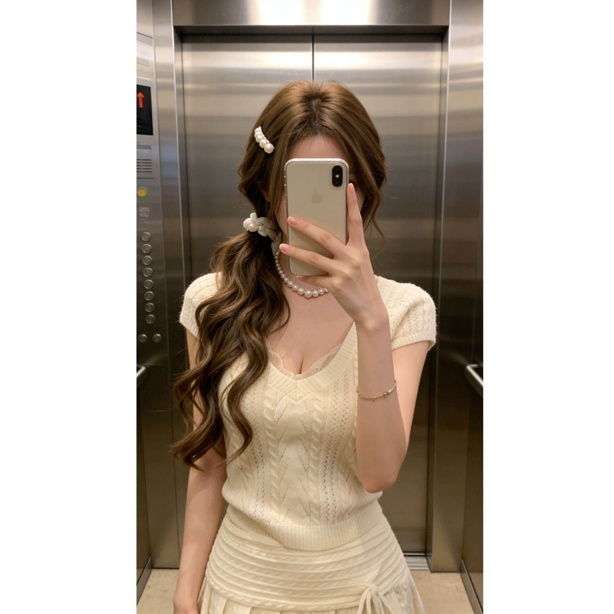 2026春季新款性感V领针织收腰上衣镂空蕾丝内搭配显瘦短裙套装女