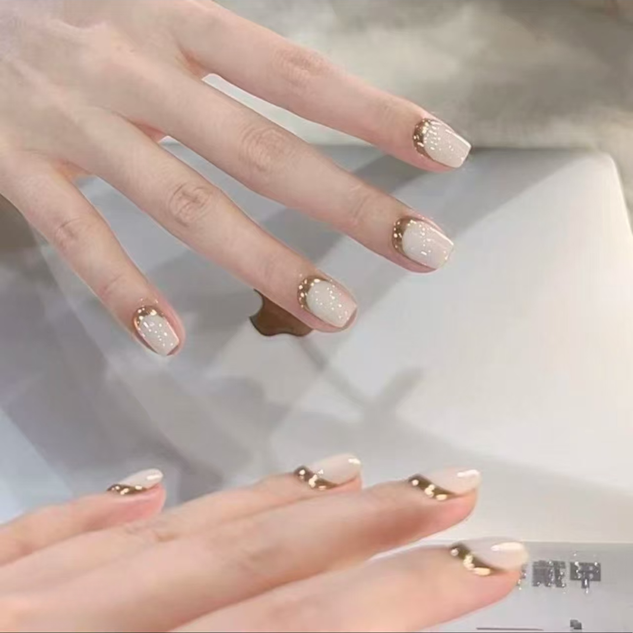 JDD【白金】高级感时尚爆款法式显白 纯手工穿戴甲片美甲可拆卸短款