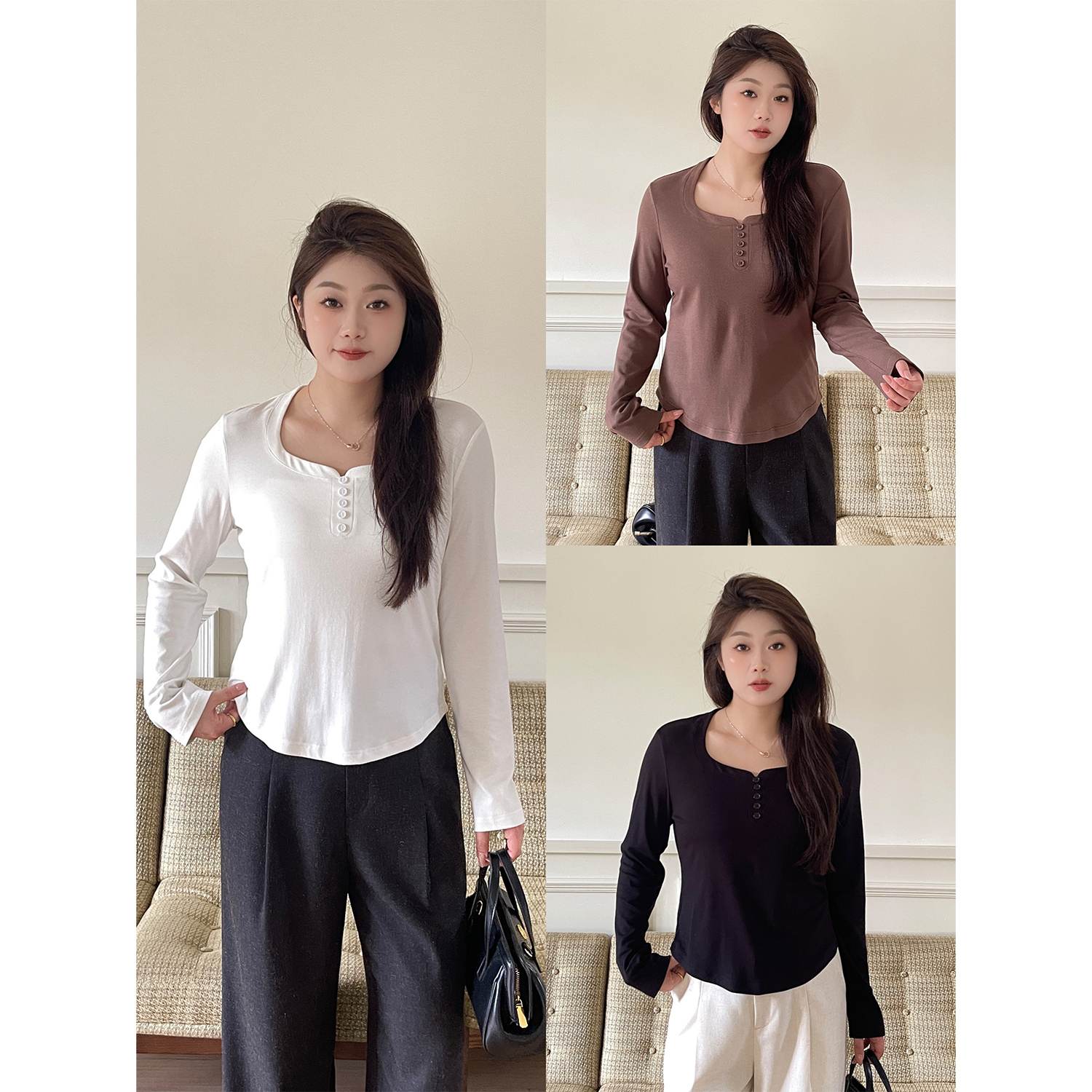 裂渡宣宣【锁骨精】微胖大码女秋时尚显瘦百搭酒杯领打底衫ZY507F14