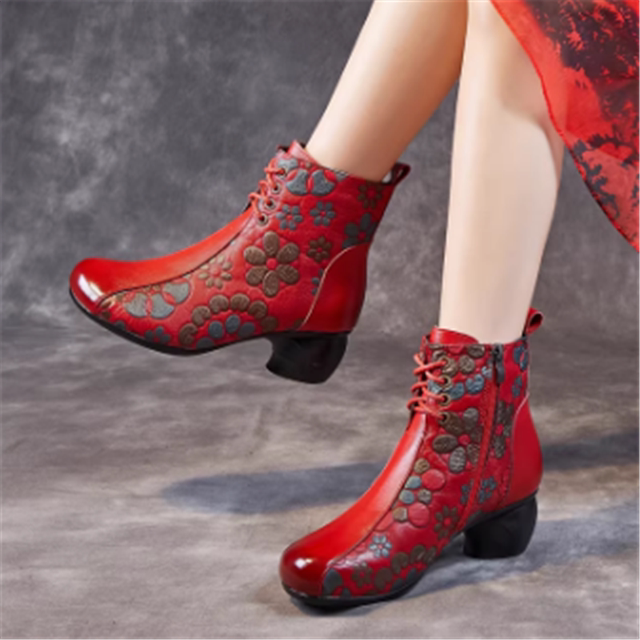 头层牛皮民族风妈妈马丁靴加绒保暖真皮棉鞋女粗中跟软底短靴秋冬