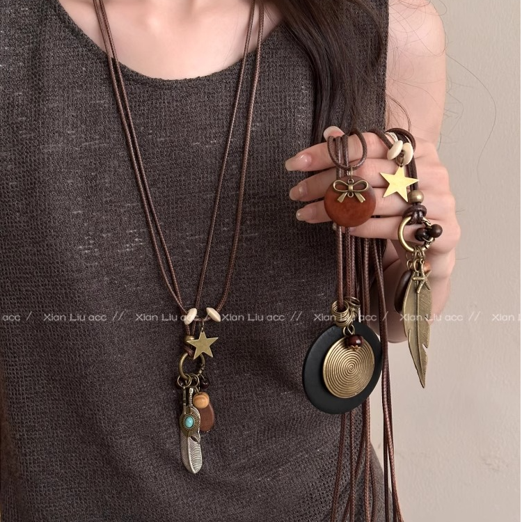 铜皮质项链 新中式禅意项链女双层叠戴复古民族风毛衣链锁骨链潮