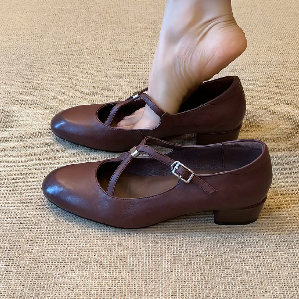 RubyL/3.3cm简约通勤复古风交叉扣带圆头浅口粗跟玛丽珍单鞋女款