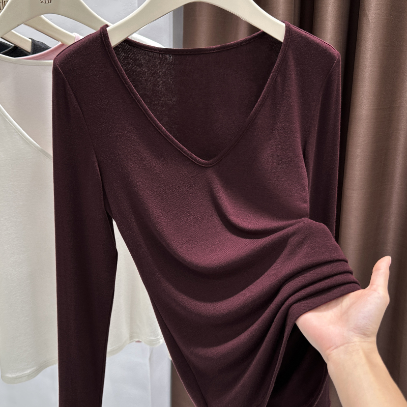 红色气质V领长袖薄款打底衫女2025秋季高级感显瘦内搭针织T恤上衣