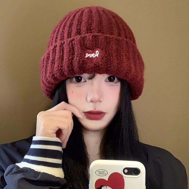 秋冬季新款保暖护耳包头毛线帽爱心标刺绣时尚针织帽加厚防寒帽子