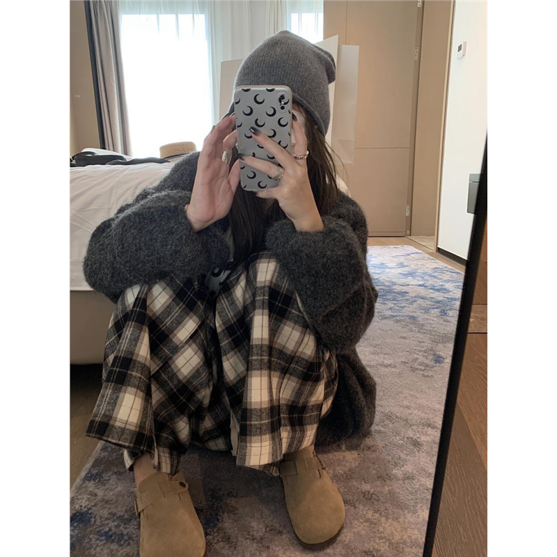 大码300斤复古抽绳格子裤男士装秋冬季宽松垂感直筒阔腿格纹长裤2