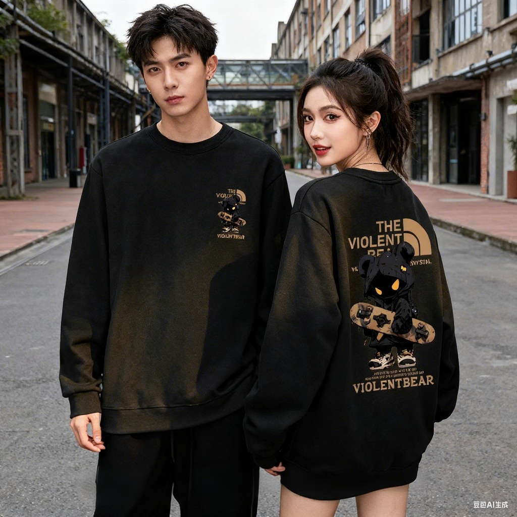 暴力熊男卫衣保暖秋冬新款长袖加绒卫衣圆领情侣款休闲打底上衣服