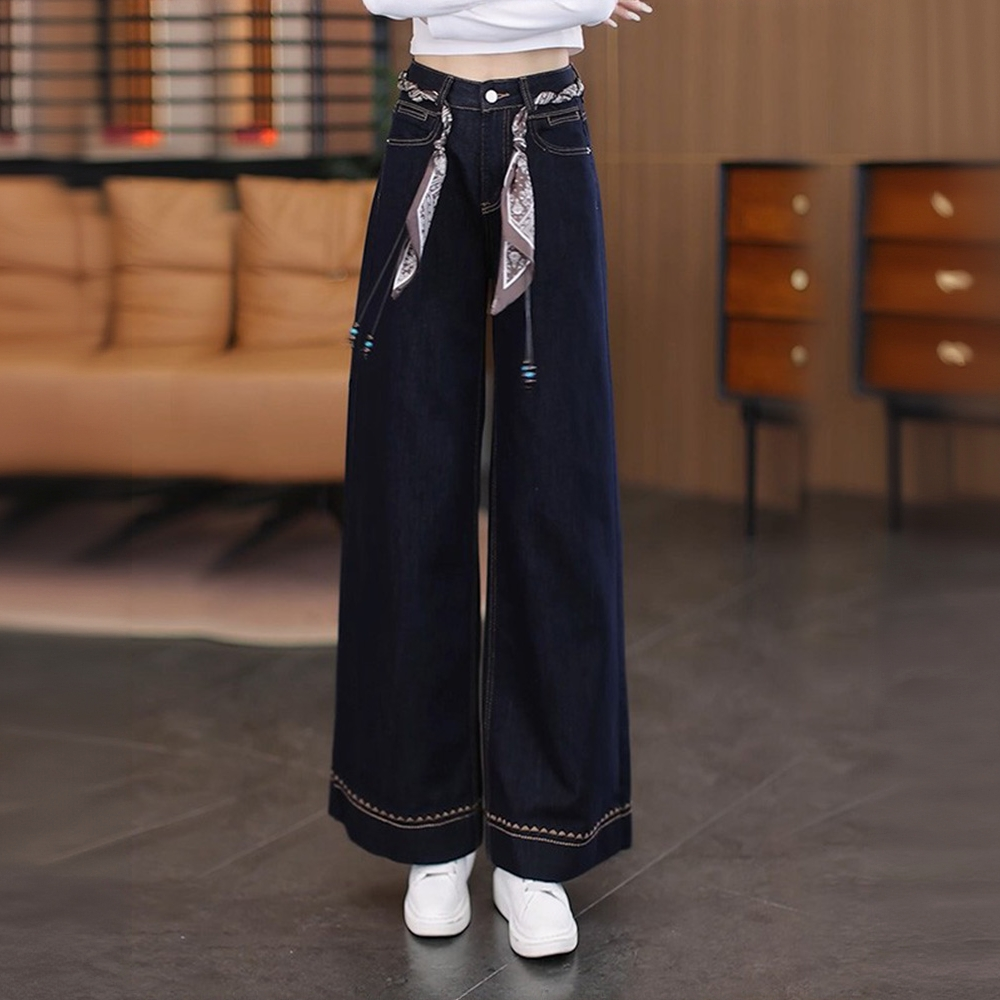 丹宁蓝小个子阔腿牛仔裤女秋冬季2025新款爆款丝巾腰带加绒直筒裤