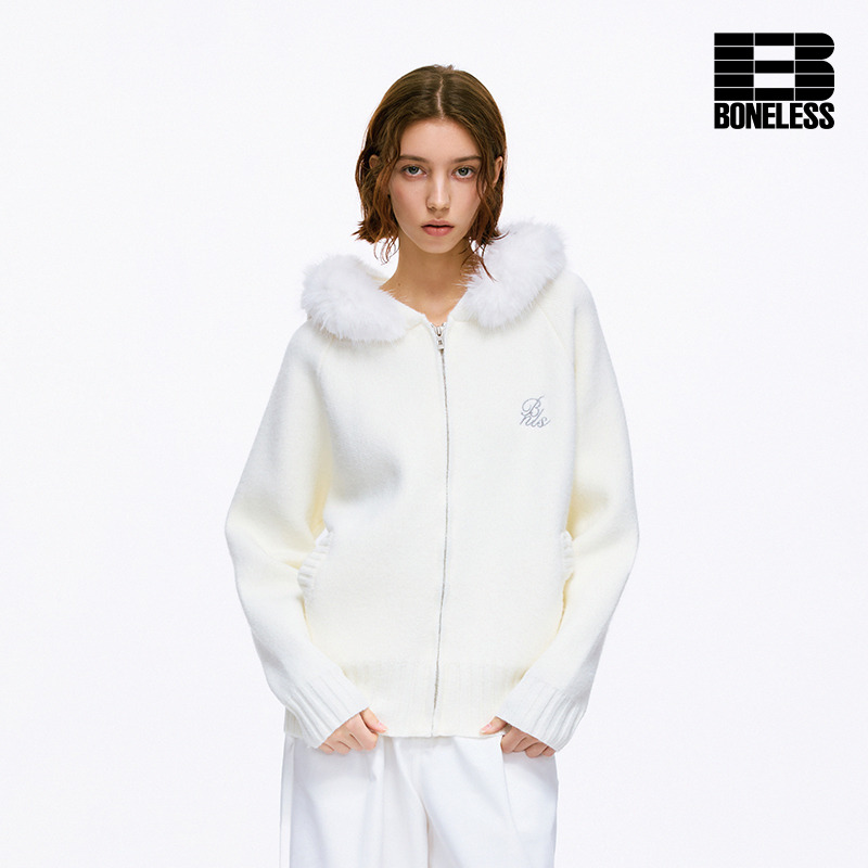 BONELESS软糯毛领连帽开衫毛衣长袖时尚休闲宽松秋冬可拆卸