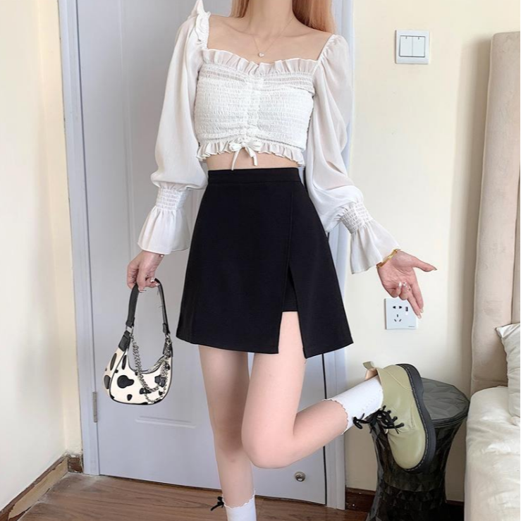 MZ032专享大码夏季高腰短裙黑色开叉裙子显瘦A字半身裙百搭裙裤