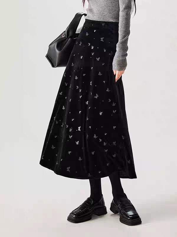 高级感穿搭丝绒蝴蝶中长半身裙 加绒a字梨型身材遮胯小个子秋冬裙