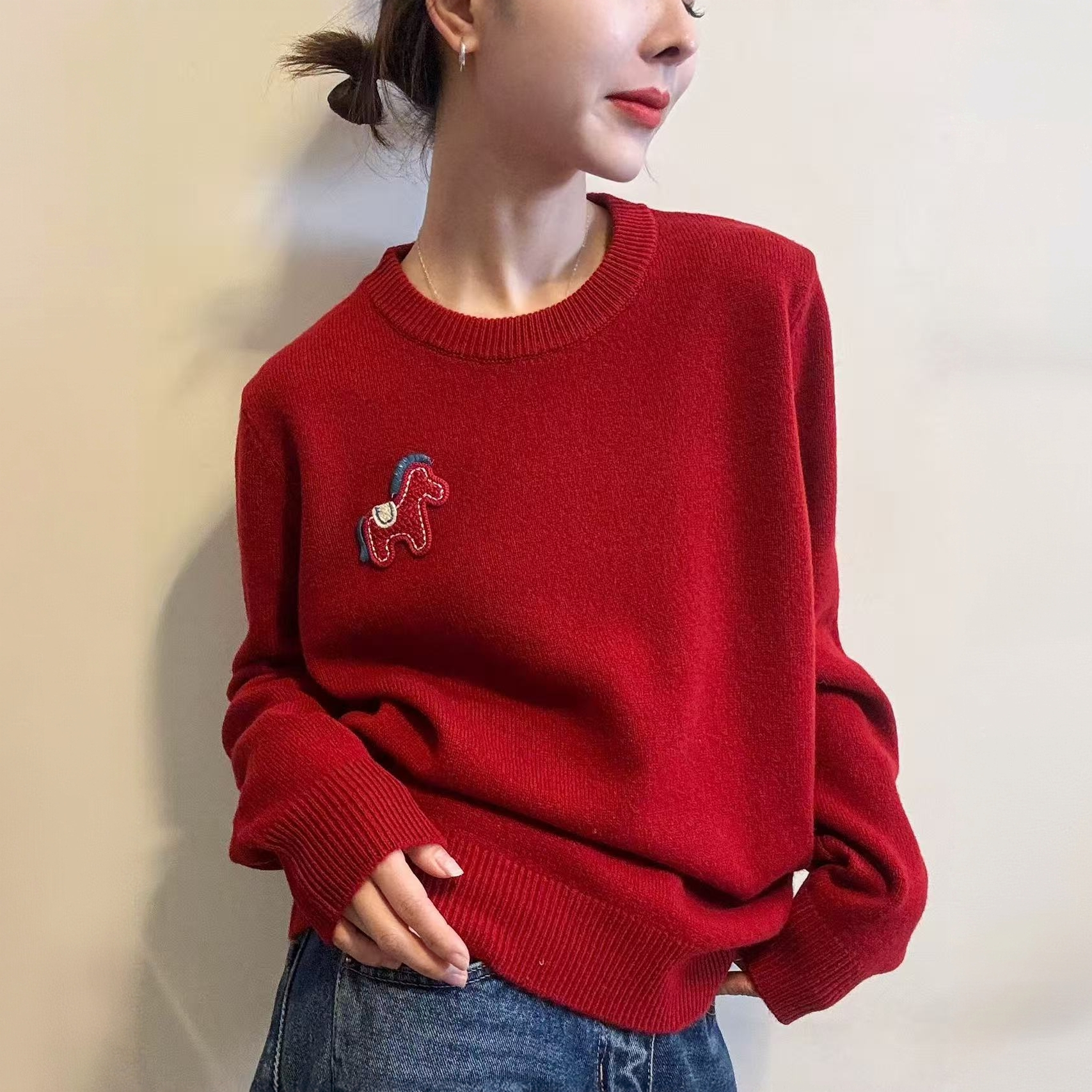 喜庆氛围感新年红色毛衣女秋冬季新款针织衫休闲宽松百搭保暖上衣