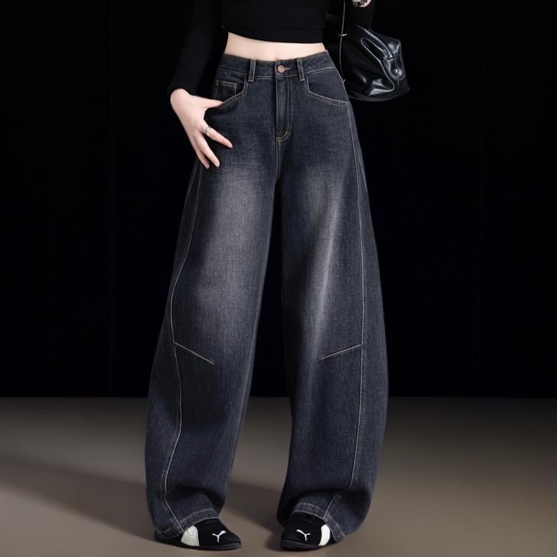 加绒黑色弯刀阔腿牛仔裤女2025裤子网红款秋冬宽松加厚显瘦镰刀裤