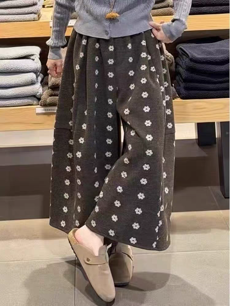 日系复古花朵毛呢八分裤女冬季保暖宽松高腰小个子八分阔腿裤子