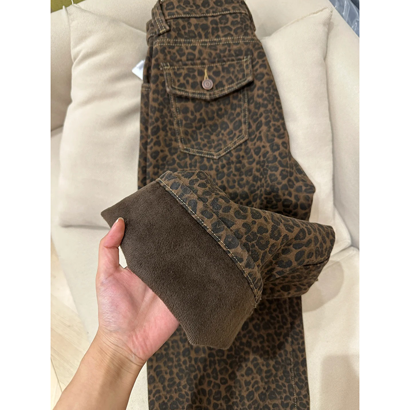 秋冬加绒豹纹印花设计感阔腿牛仔裤女2025新款保暖宽松显瘦拖地裤
