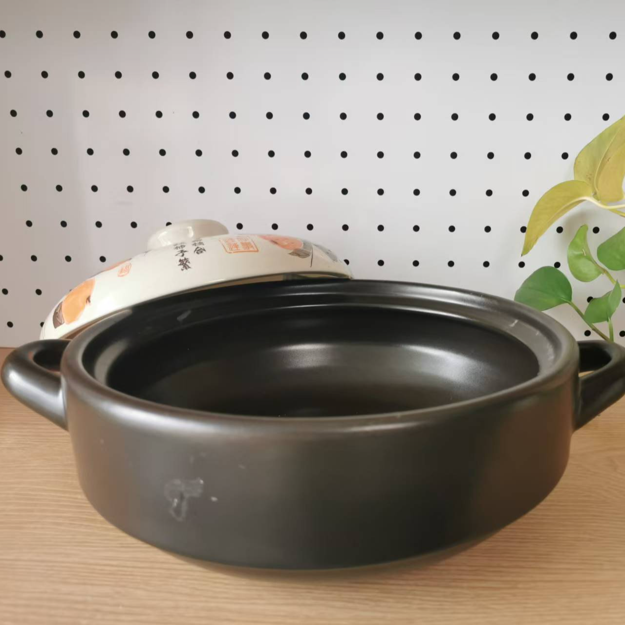 【瑕疵】302黑万事如意砂锅2.5升干烧锅黑色柿子盖砂锅陶瓷砂锅