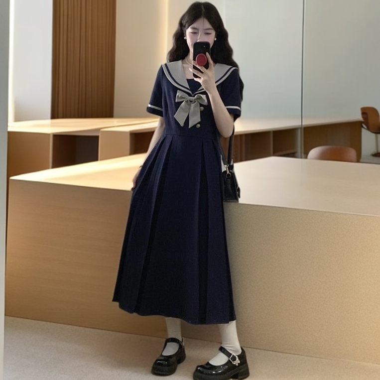 海军领学院风藏蓝色正肩连衣裙2025夏季新款学生胖mm收腰显瘦长裙