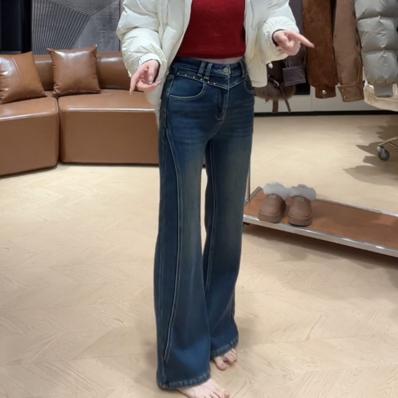 冬季加绒加厚铆钉设计感高腰直筒微喇牛仔裤显瘦LK2508920