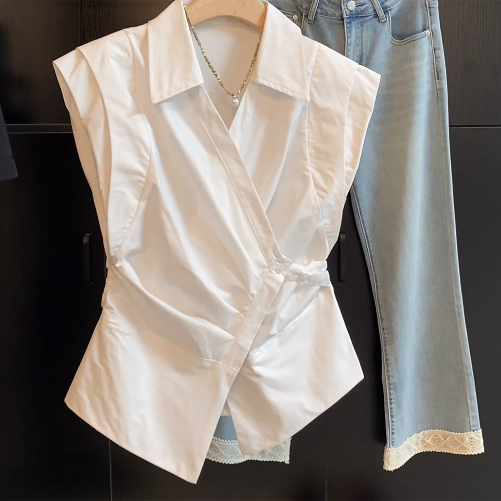 【南法格调】金法式polo领设计感绑带褶皱坎肩无袖衬衫C4625