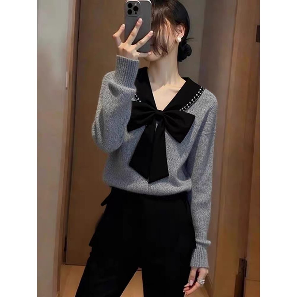 秋冬蝴蝶结慵懒风针织打底衫长袖女高级内搭毛衣胖mm外穿上衣