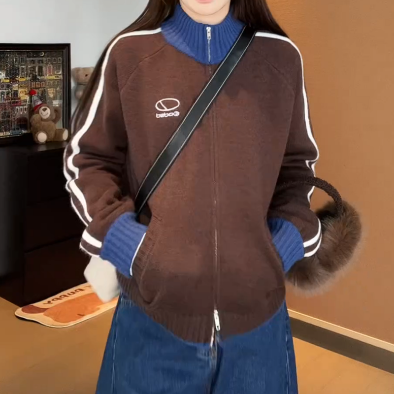 2025秋冬美式复古立领拼色设计感休闲百搭针织开衫上衣LK2507849