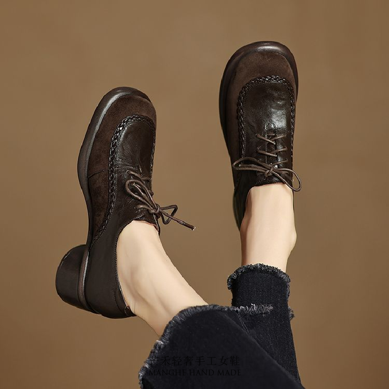 法式百搭|4.5cm头层羊皮系带小皮鞋女英伦风复古软底舒适深口单鞋