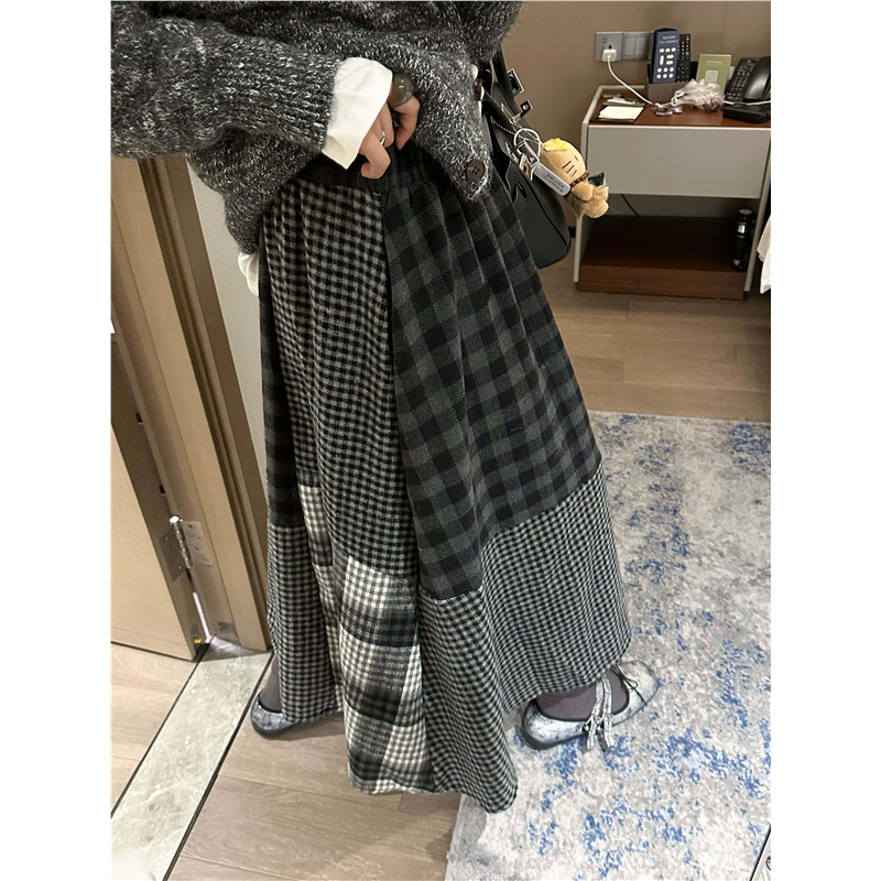 韩版休闲格子拼接毛呢半身裙女秋冬季格纹复古小众格纹加厚长裙子