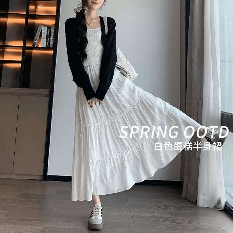 桃花皱半身裙女新款春季穿搭高腰温柔气质仙女A字蛋糕长白色裙子