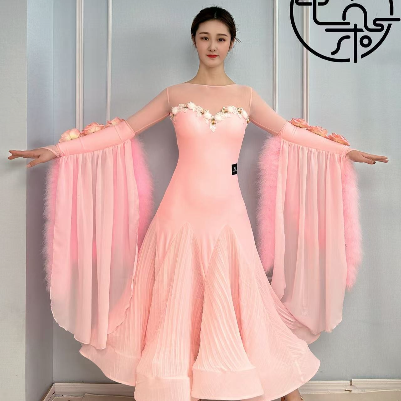 西朵舞服羽毛小珍珠优雅显瘦摩登舞专业表演连衣裙练功裙XD686