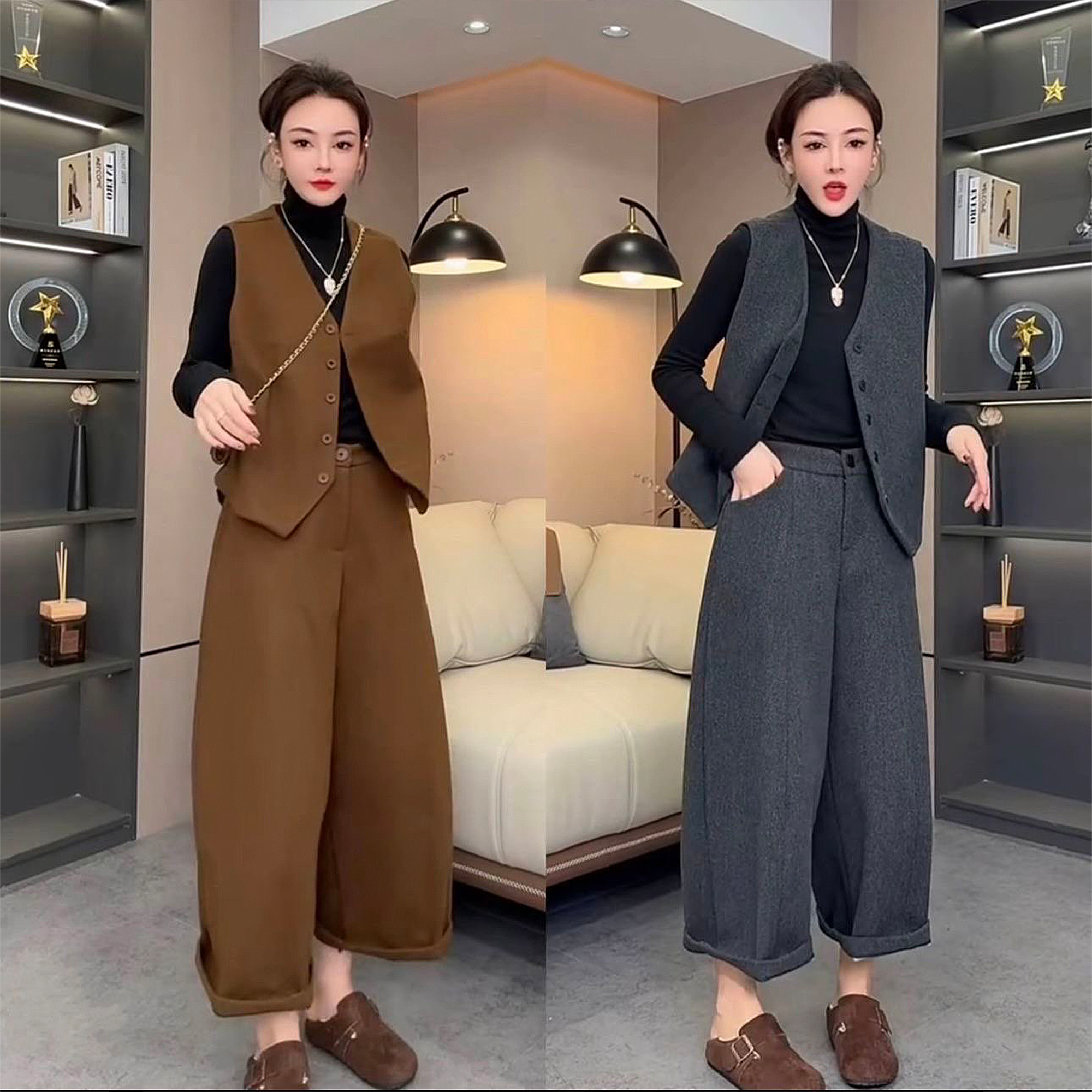 80821秋冬新款时尚潮流精品马甲+高腰裤子+打底衫三件套显瘦套装