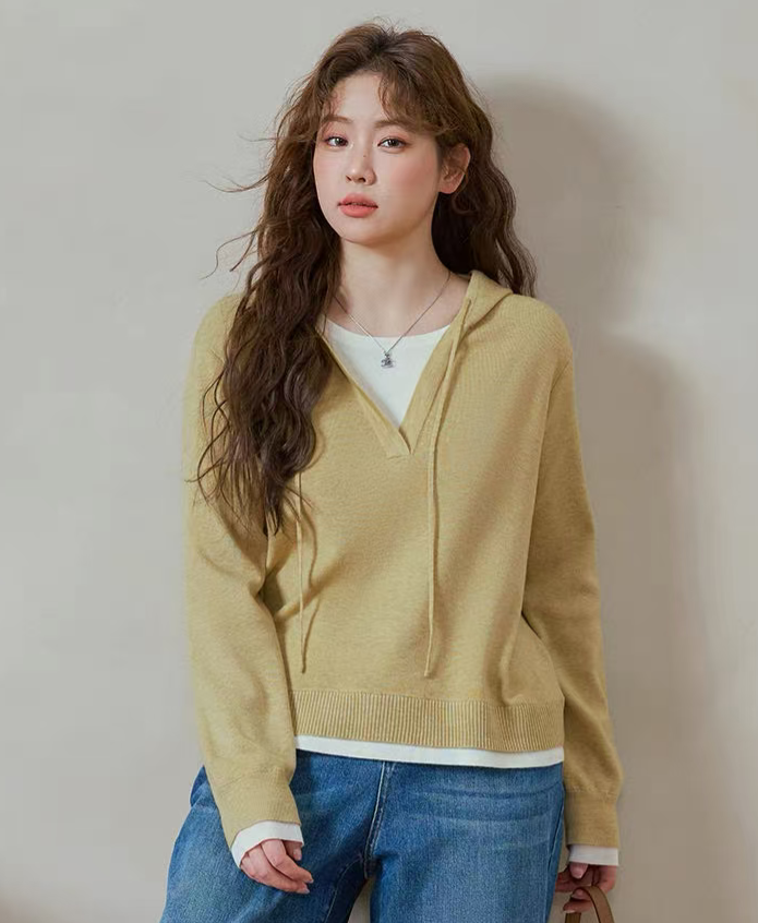 （725）大码胖MM设计感时尚宽松显瘦简约风假两件连帽针织衫春秋季