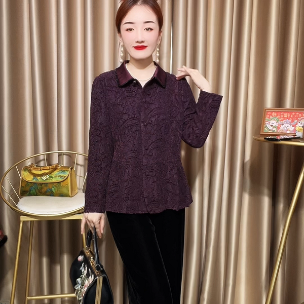 8712秋冬显瘦洋气开衫翻领蕾丝年轻妈妈装收腰单排扣女衬衫