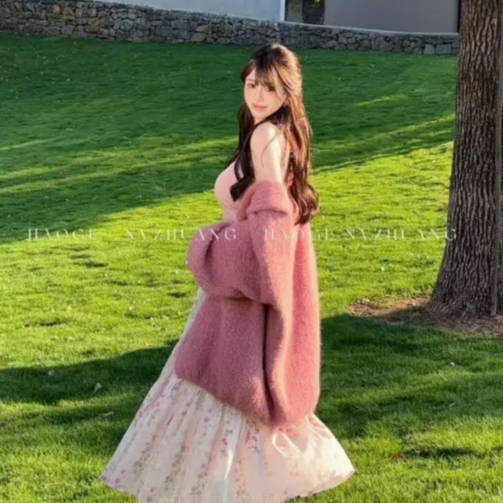 1025休闲落肩袖宽松甜美纯欲开衫灯笼袖秋冬落肩袖设计感毛针织衫