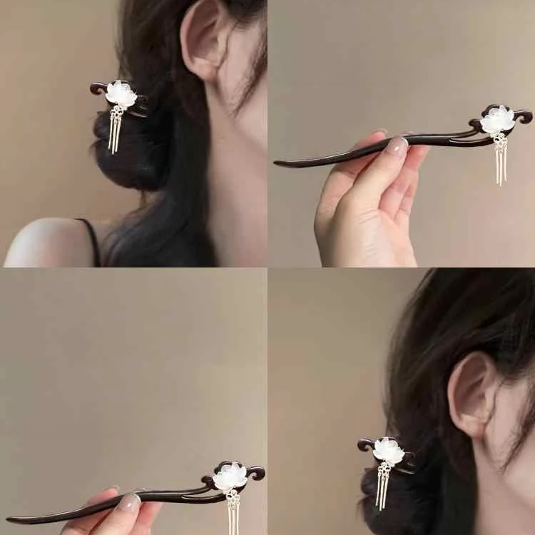 2025新中式淡雅莲花流苏黑木发簪国风发钗后脑勺盘发簪子优雅头饰