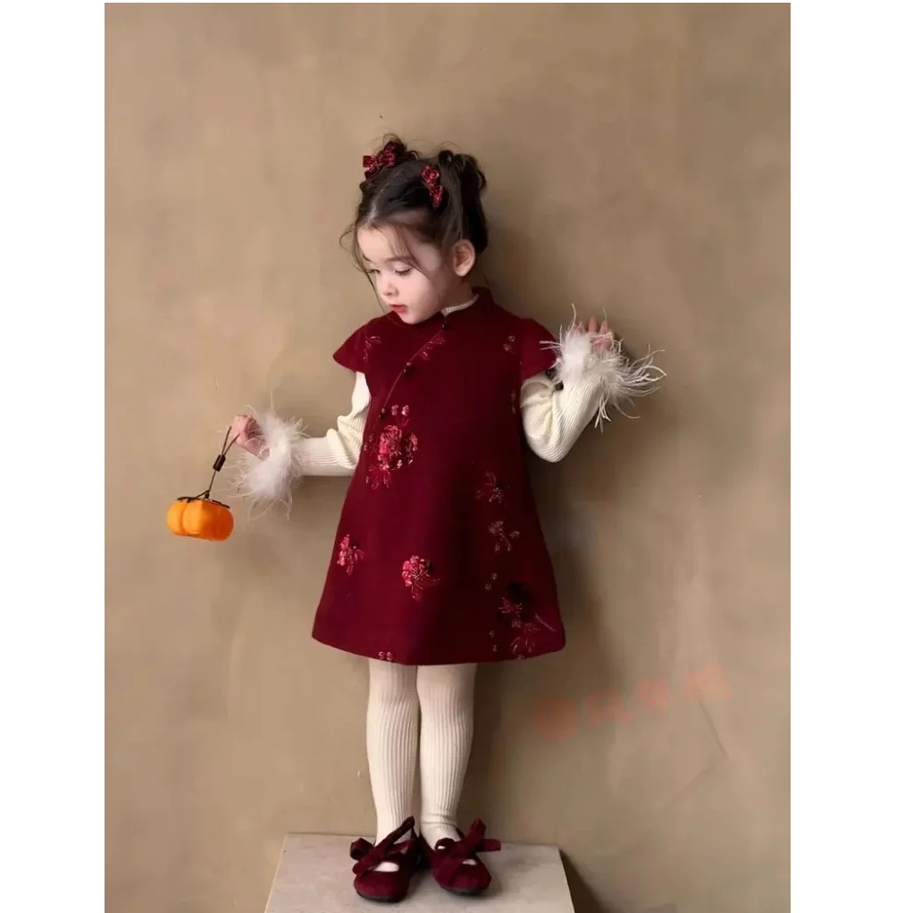 壹妈童装女童新国风套装秋冬儿童毛衣中国风加厚毛呢背心裙两件套