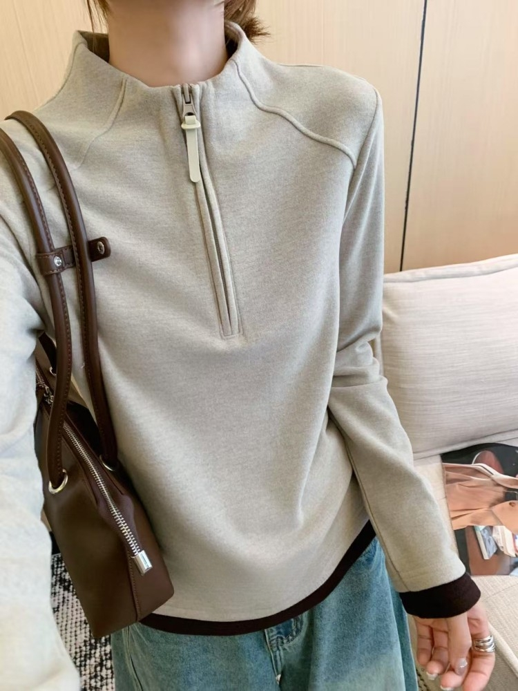 拼接撞色半拉链德绒打底衫2025秋冬款双面绒保暖上衣女百搭显瘦款