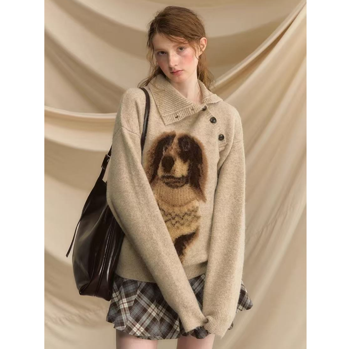 早安小腊肠套头毛衣女秋冬小狗复古宽松慵懒风外穿针织衫毛衣