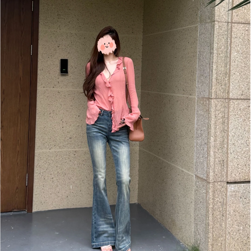 【如影随形】荷叶边气质喇叭袖小女人打底衫小众设计感修身显瘦上衣